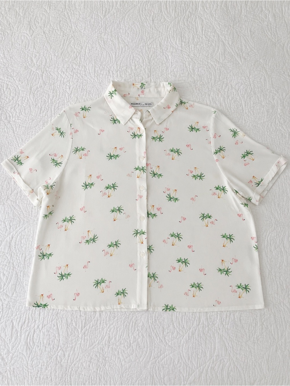 Woman’s White Short-Sleeve crop top Button-Up Shirt with Palm & Flamingo Print -